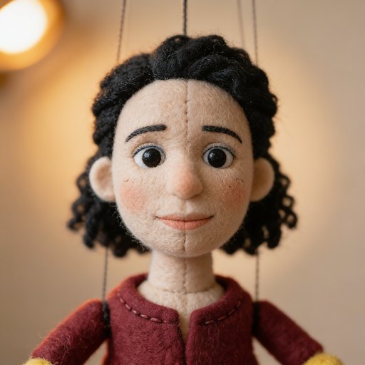 Portrait de Béatrice, une femme dans la quarantaine, peau brune foncée, cheveux noirs bouclés mi-longs, en laine feutrée et feutrine cousue.