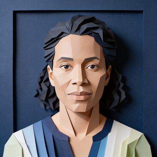 Portrait de Béatrice, une femme dans la quarantaine, peau brune foncée, cheveux noirs bouclés mi-longs, en papier découpé.