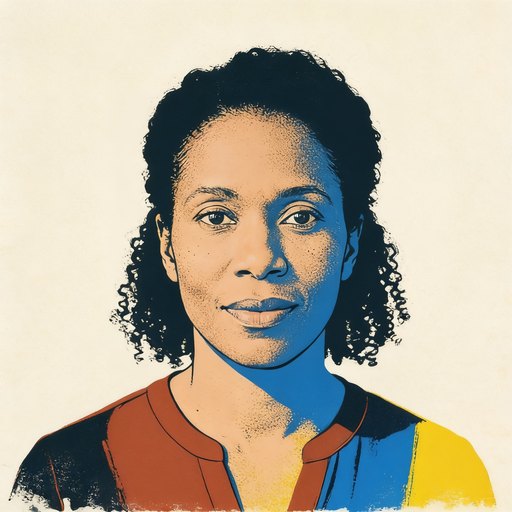 Portrait de Béatrice, une femme dans la quarantaine, peau brune foncée, cheveux noirs bouclés mi-longs, en sérigraphie à quatre encres.