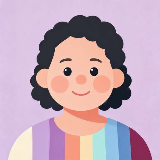 Portrait de Béatrice, une femme dans la quarantaine, peau brune foncée, cheveux noirs bouclés mi-longs, en aplats pastel.