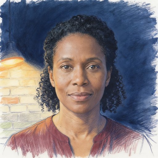 Portrait de Béatrice, une femme dans la quarantaine, peau brune foncée, cheveux noirs bouclés mi-longs, en gouache et crayon sur papier.