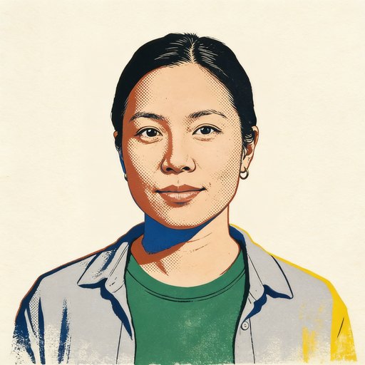 Portrait de Camille, une femme dans la vingtaine, cheveux noirs au carré court avec une frange droite, en sérigraphie à quatre encres.