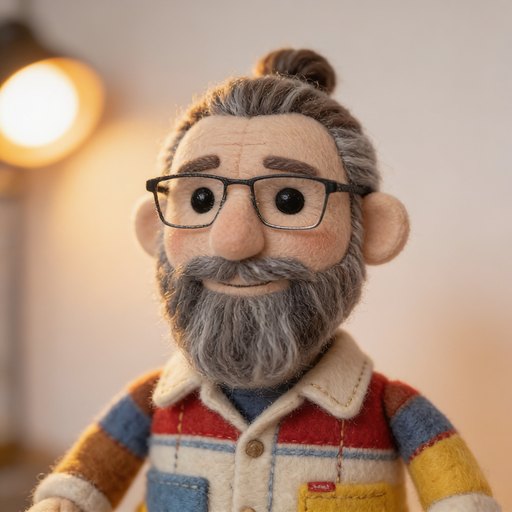Portrait d'Éric, un homme dans la cinquantaine, cheveux poivre et sel attachés, longue barbe grise, lunettes à monture noire, chemise à carreaux, en laine feutrée et feutrine cousue.