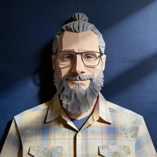 Portrait d'Éric, un homme dans la cinquantaine, cheveux poivre et sel attachés, longue barbe grise, lunettes à monture noire, chemise à carreaux, en papier découpé.