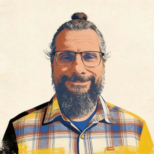 Portrait d'Éric, un homme dans la cinquantaine, cheveux poivre et sel attachés, longue barbe grise, lunettes à monture noire, chemise à carreaux, en sérigraphie à quatre encres.