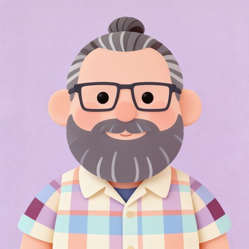 Portrait d'Éric, un homme dans la cinquantaine, cheveux poivre et sel attachés, longue barbe grise, lunettes à monture noire, chemise à carreaux, en aplats pastel.