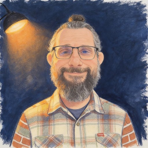 Portrait d'Éric, un homme dans la cinquantaine, cheveux poivre et sel attachés, longue barbe grise, lunettes à monture noire, chemise à carreaux, en gouache et crayon sur papier.