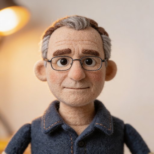 Portrait de Gaétan, un homme dans la cinquantaine, cheveux poivre et sel courts, lunettes à monture fine, en laine feutrée et feutrine cousue.