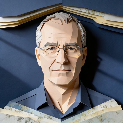 Portrait de Gaétan, un homme dans la cinquantaine, cheveux poivre et sel courts, lunettes à monture fine, en papier découpé.