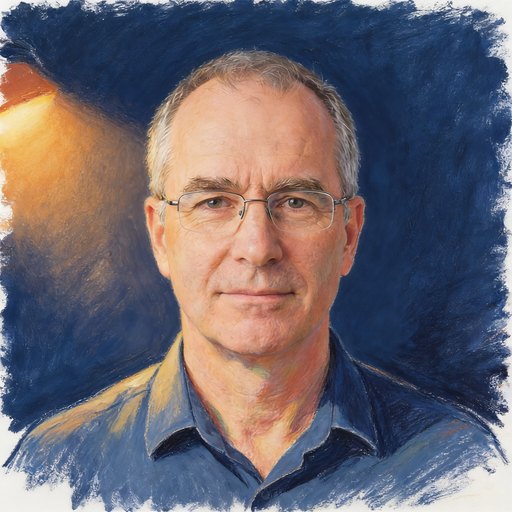 Portrait de Gaétan, un homme dans la cinquantaine, cheveux poivre et sel courts, lunettes à monture fine, en gouache et crayon sur papier.