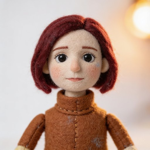 Portrait de Maude, une femme dans la quarantaine, cheveux roux foncé coupés au carré, en laine feutrée et feutrine cousue.