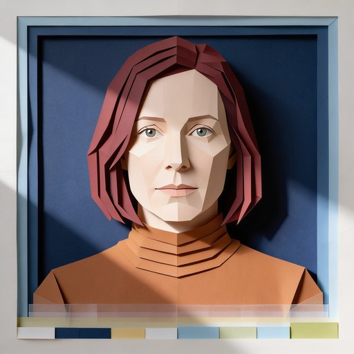 Portrait de Maude, une femme dans la quarantaine, cheveux roux foncé coupés au carré, en papier découpé.