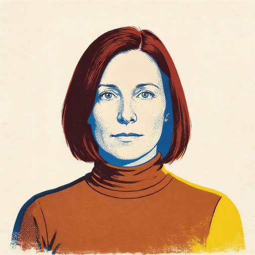 Portrait de Maude, une femme dans la quarantaine, cheveux roux foncé coupés au carré, en sérigraphie à quatre encres.