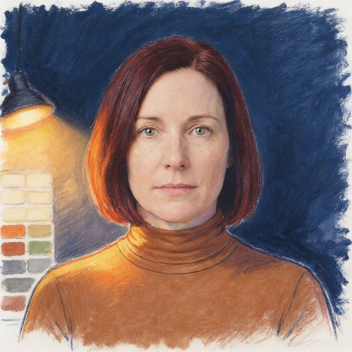 Portrait de Maude, une femme dans la quarantaine, cheveux roux foncé coupés au carré, en gouache et crayon sur papier.