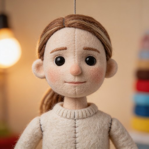 Portrait de Rosalie, une femme dans la trentaine, cheveux châtain clair attachés en queue basse, en laine feutrée et feutrine cousue.