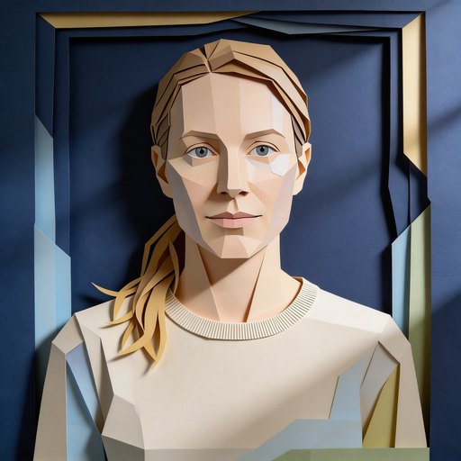 Portrait de Rosalie, une femme dans la trentaine, cheveux châtain clair attachés en queue basse, en papier découpé.