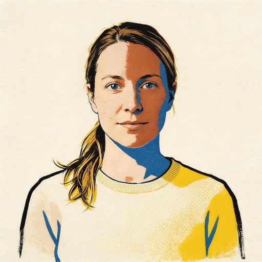 Portrait de Rosalie, une femme dans la trentaine, cheveux châtain clair attachés en queue basse, en sérigraphie à quatre encres.