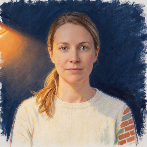 Portrait de Rosalie, une femme dans la trentaine, cheveux châtain clair attachés en queue basse, en gouache et crayon sur papier.